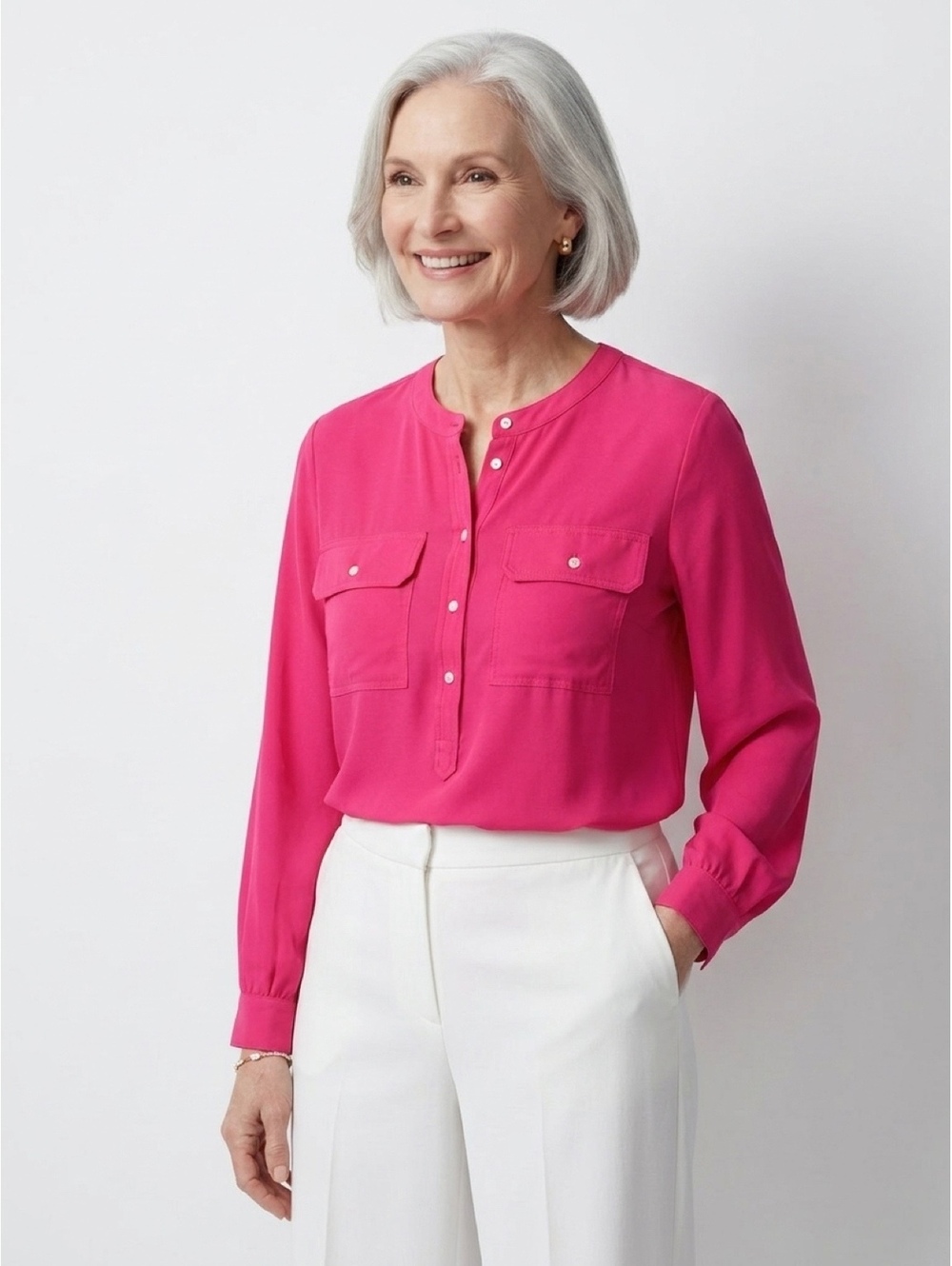 NWT LOFT Long Sleeve Henley Utility Blouse Geranium Size Large